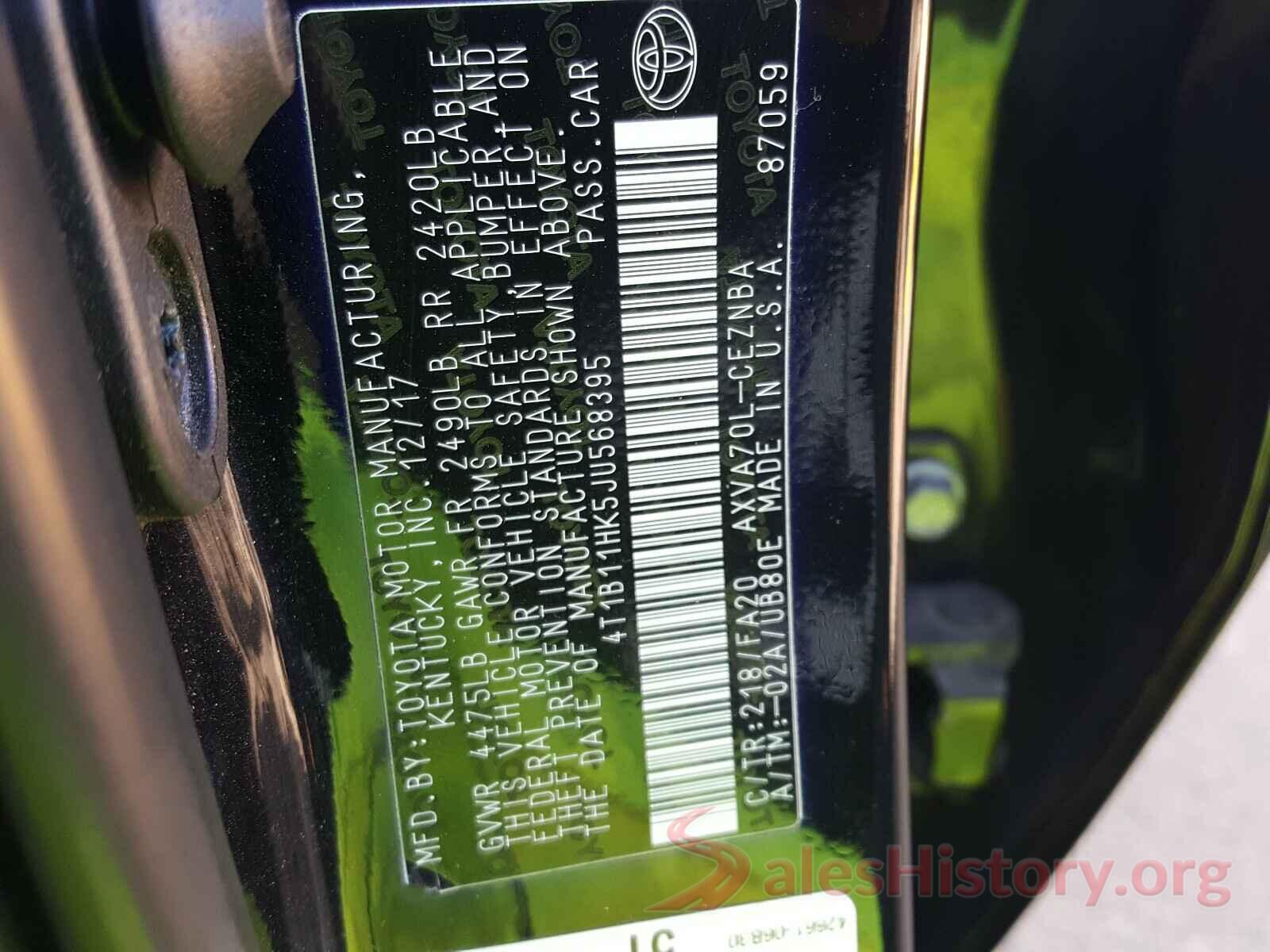 4T1B11HK5JU568395 2018 TOYOTA CAMRY