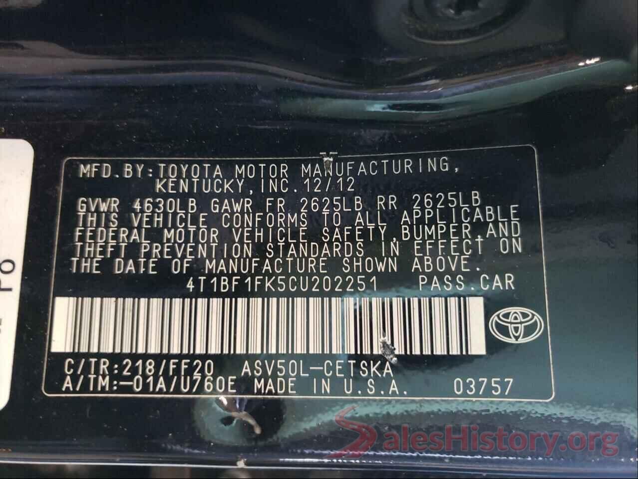 4T1BF1FK5CU202251 2012 TOYOTA CAMRY