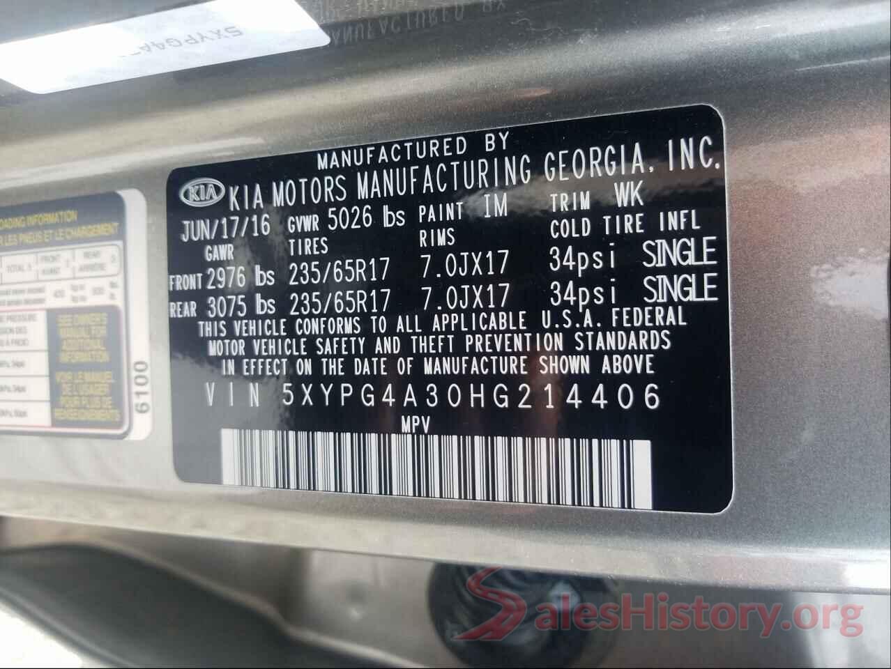 5XYPG4A30HG214406 2017 KIA SORENTO