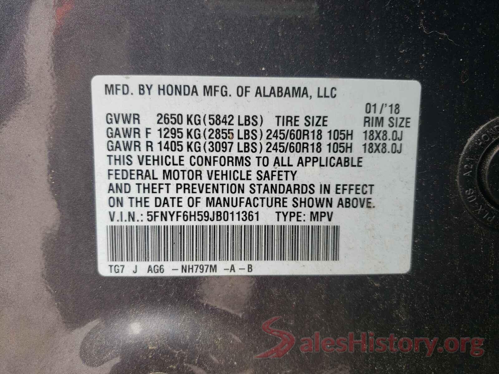 5FNYF6H59JB011361 2018 HONDA PILOT