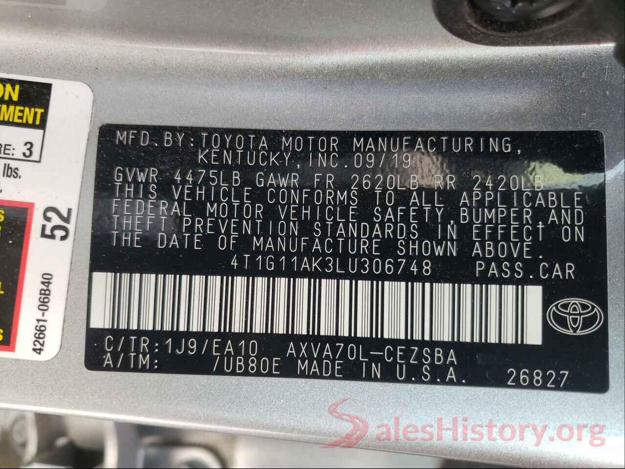 4T1G11AK3LU306748 2020 TOYOTA CAMRY