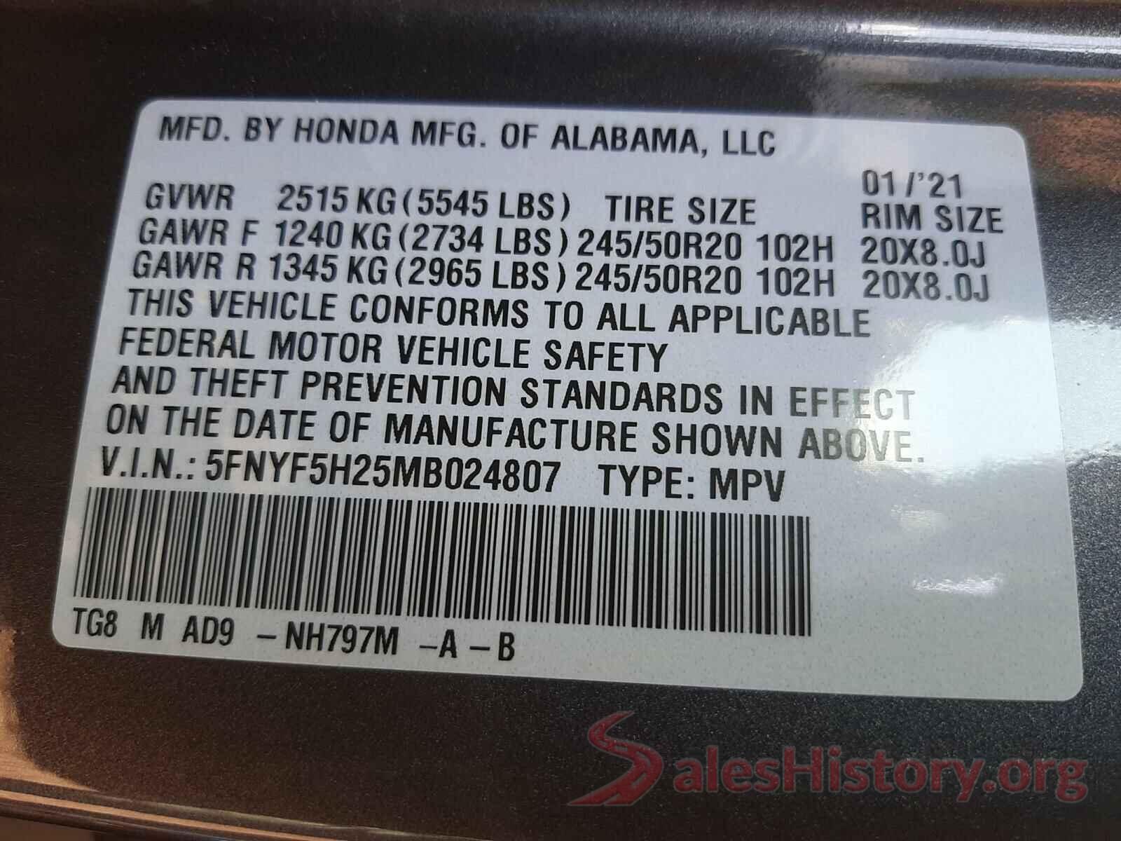 5FNYF5H25MB024807 2021 HONDA PILOT