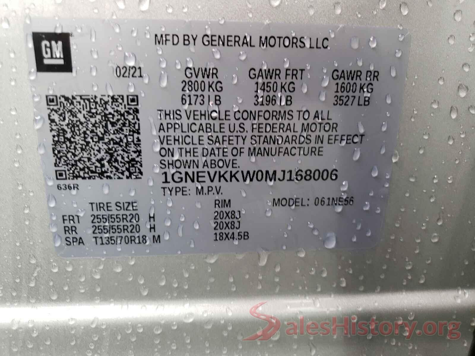 1GNEVKKW0MJ168006 2021 CHEVROLET TRAVERSE