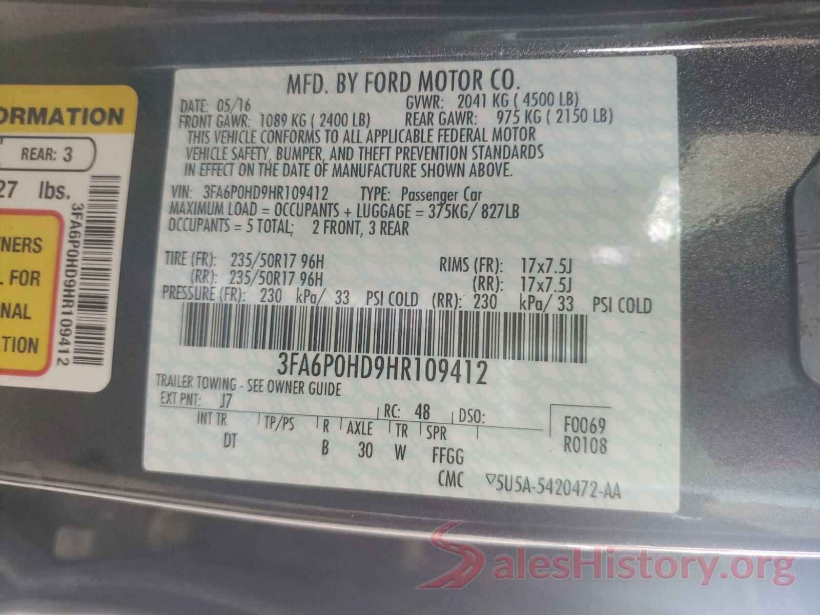 3FA6P0HD9HR109412 2017 FORD FUSION