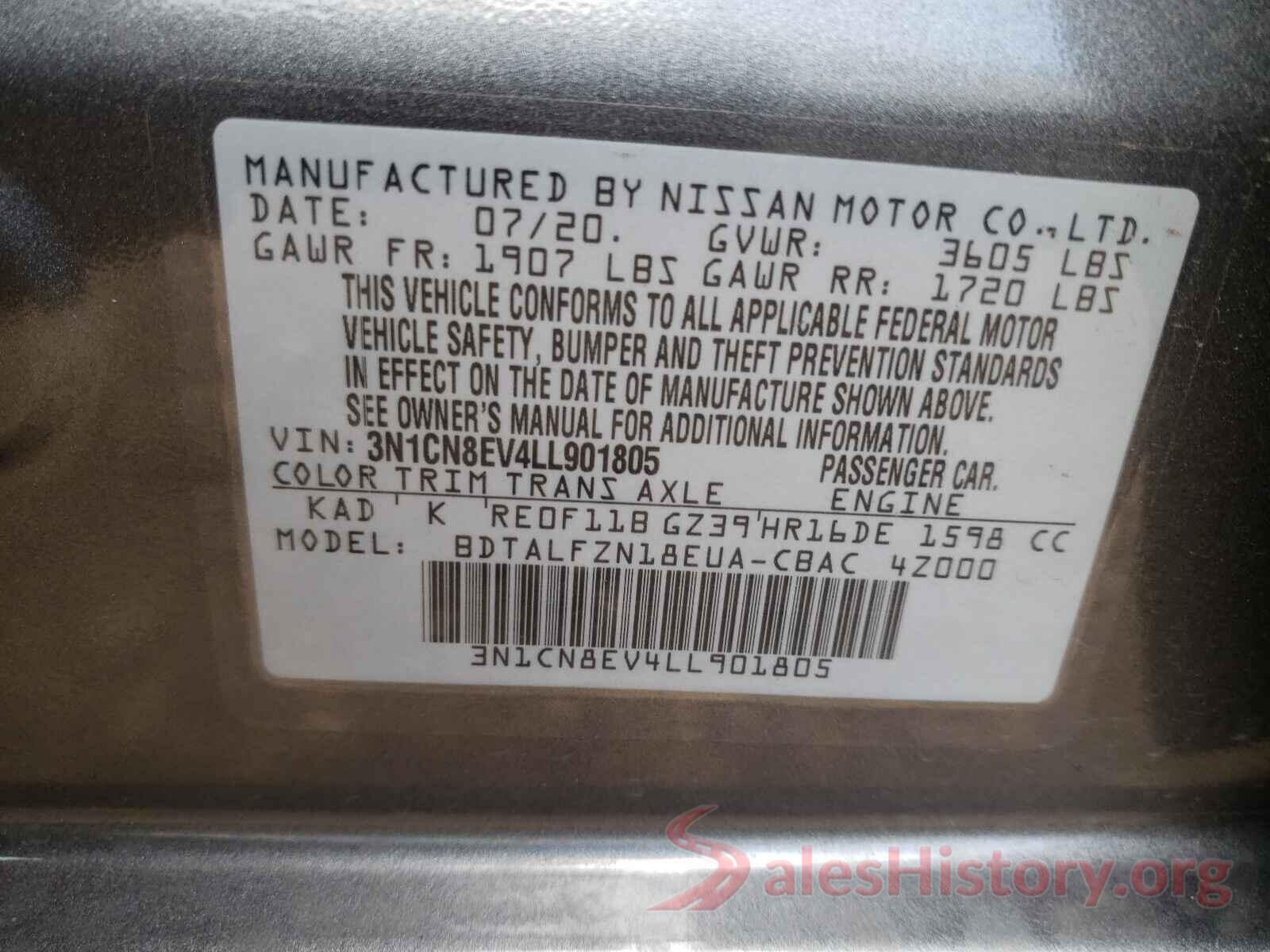 3N1CN8EV4LL901805 2020 NISSAN VERSA