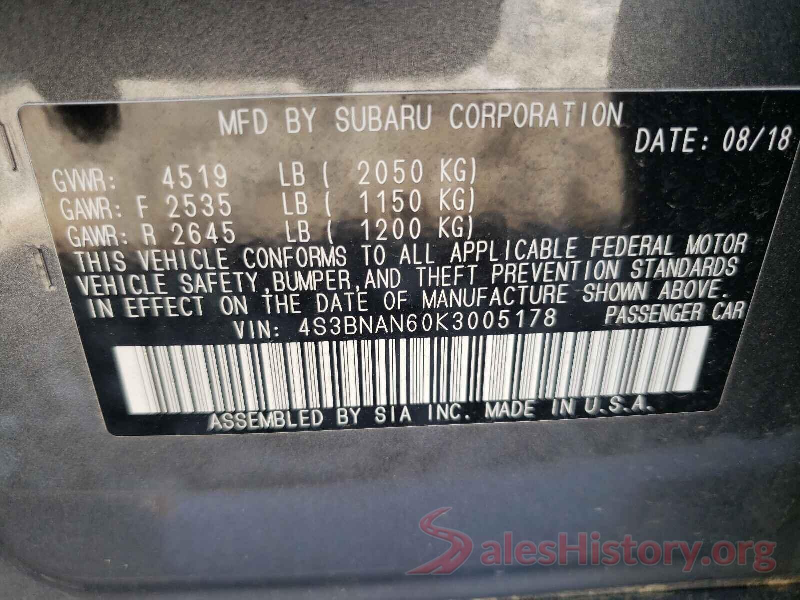 4S3BNAN60K3005178 2019 SUBARU LEGACY