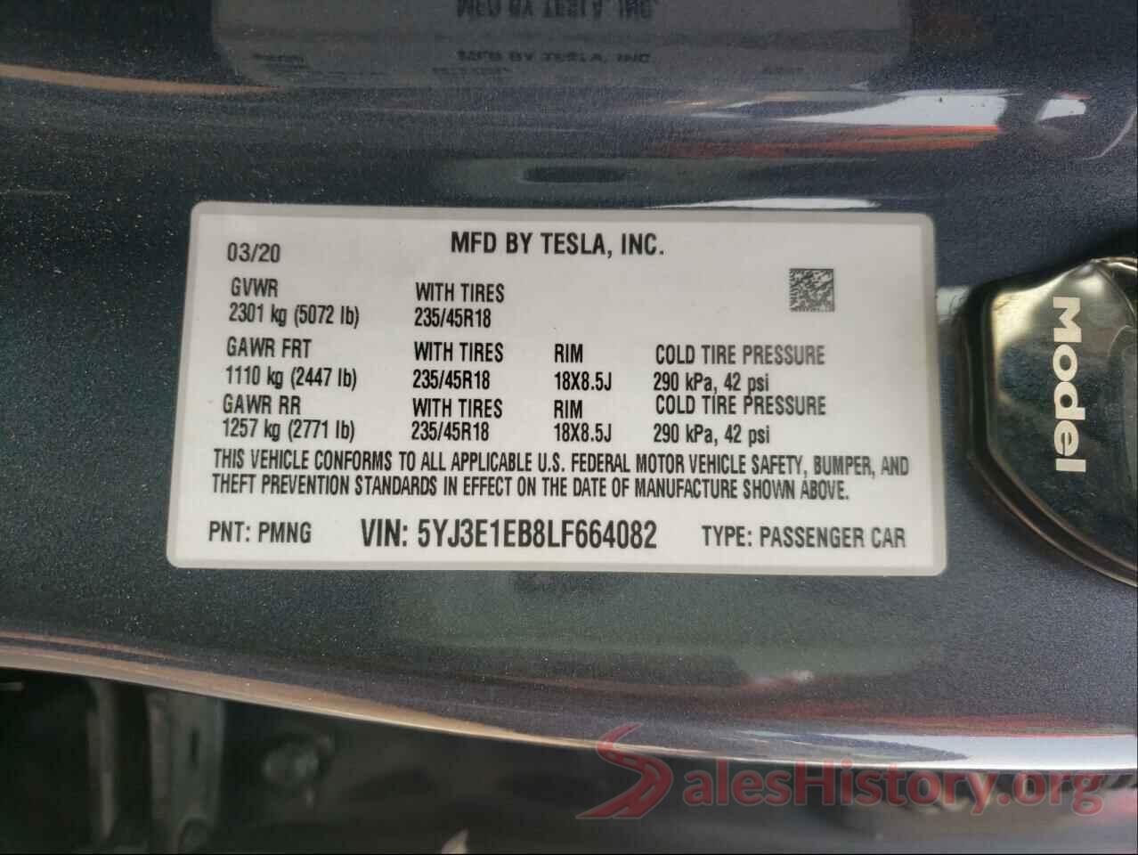 5YJ3E1EB8LF664082 2020 TESLA MODEL 3