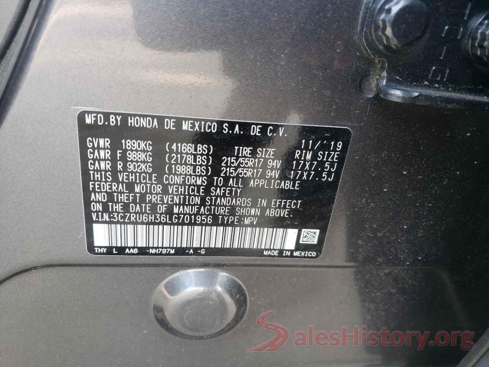 3CZRU6H36LG701956 2020 HONDA HR-V