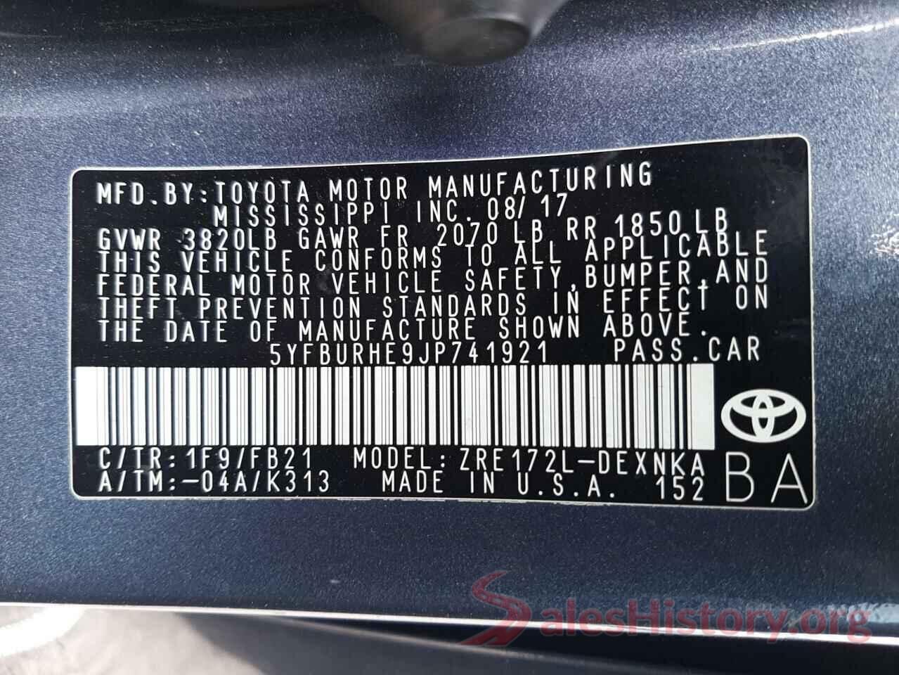 5YFBURHE9JP741921 2018 TOYOTA COROLLA