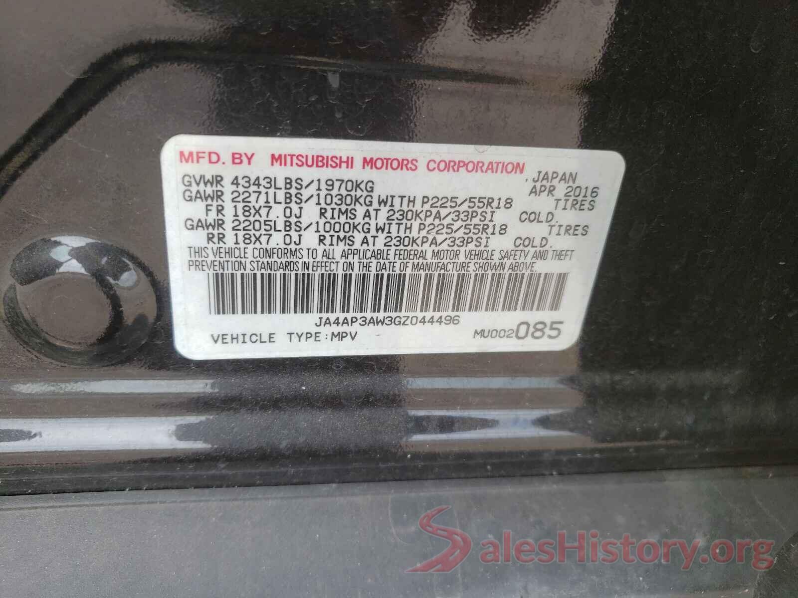 JA4AP3AW3GZ044496 2016 MITSUBISHI OUTLANDER