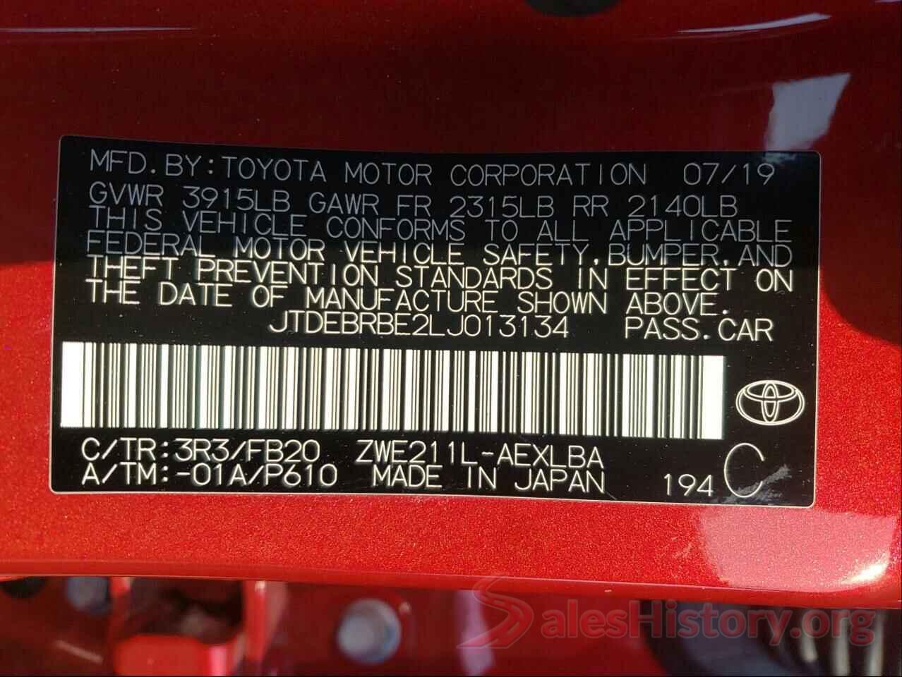 JTDEBRBE2LJ013134 2020 TOYOTA COROLLA