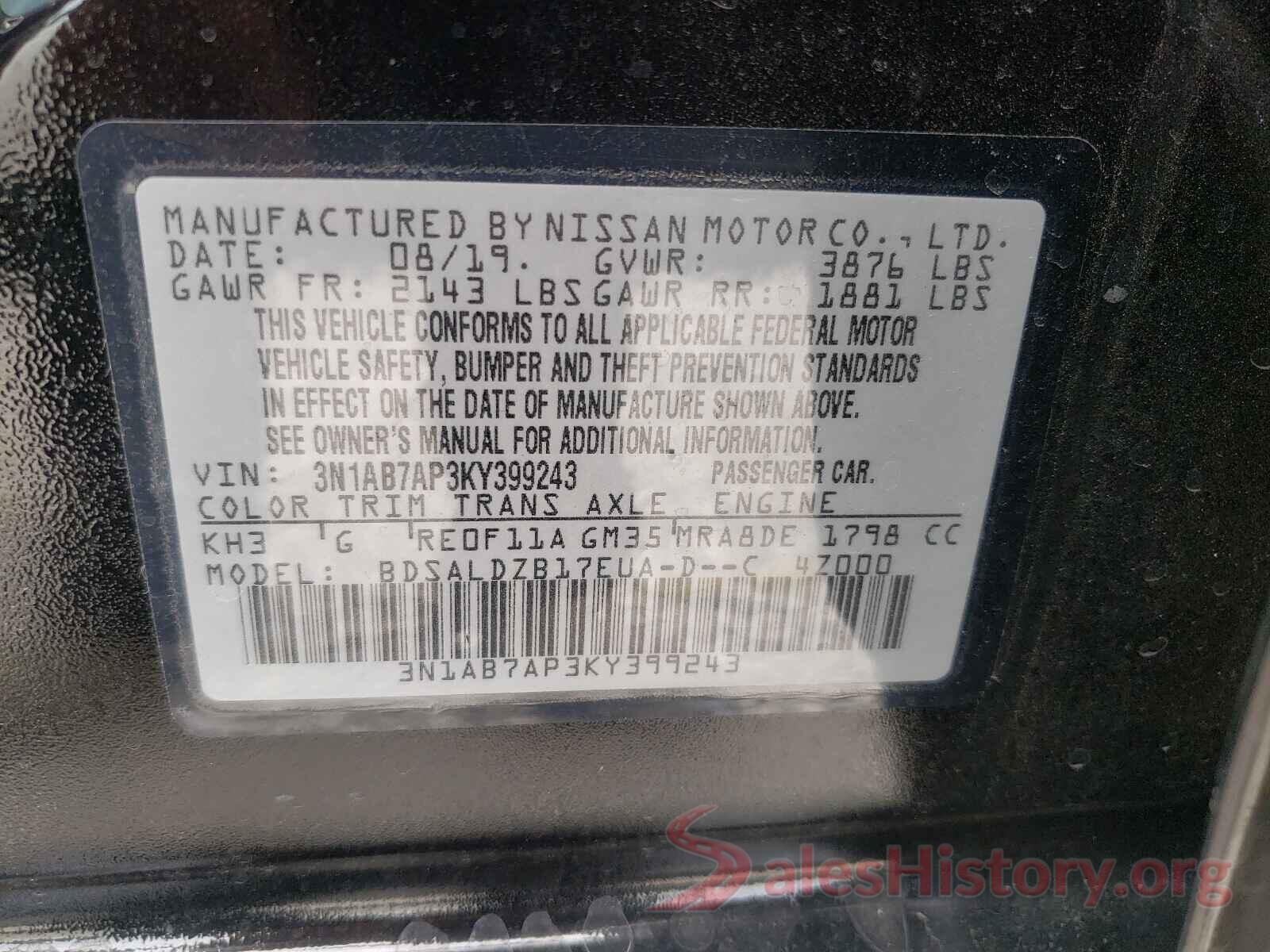 3N1AB7AP3KY399243 2019 NISSAN SENTRA