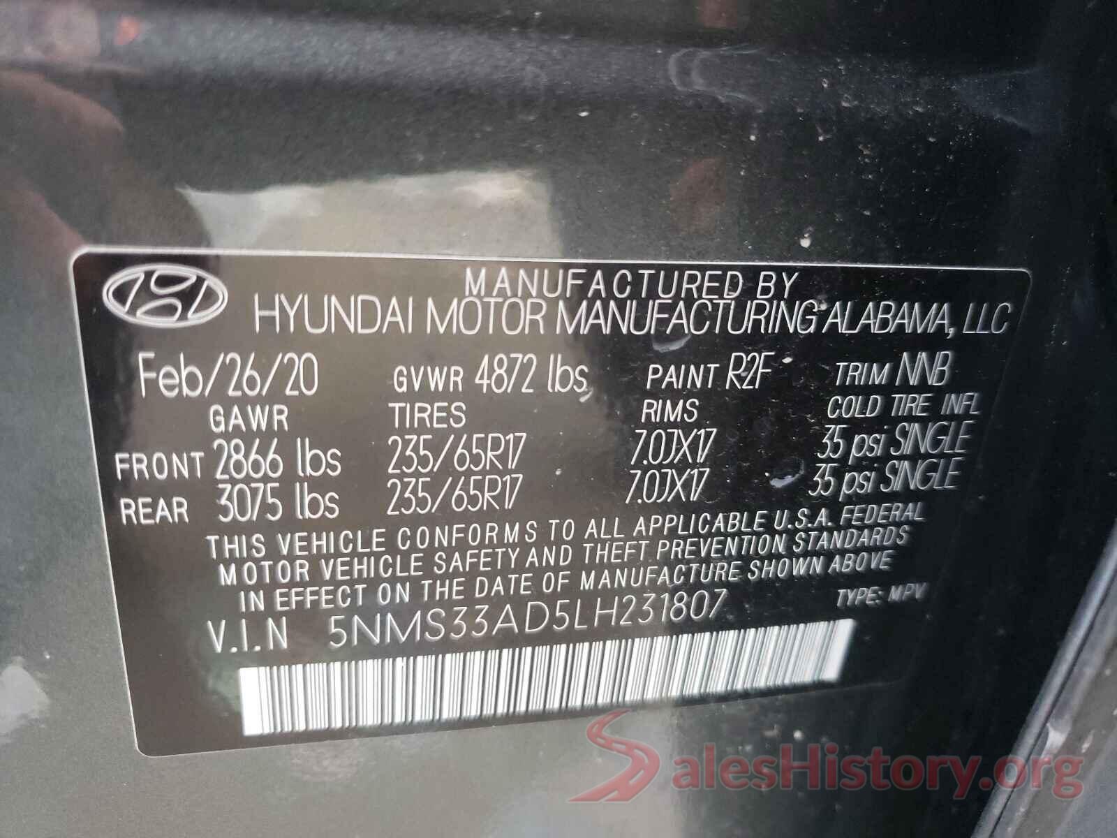 5NMS33AD5LH231807 2020 HYUNDAI SANTA FE