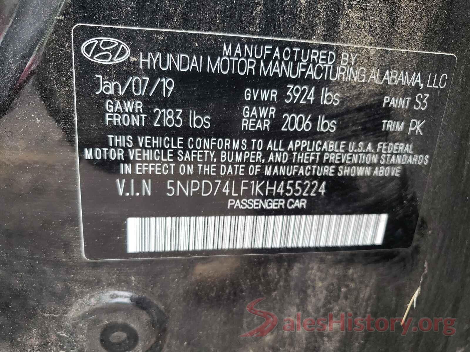 5NPD74LF1KH455224 2019 HYUNDAI ELANTRA