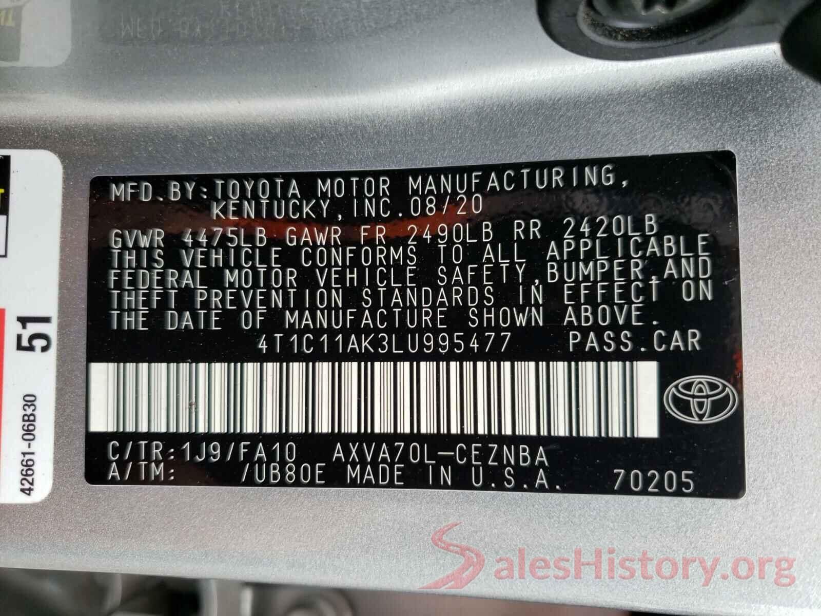 4T1C11AK3LU995477 2020 TOYOTA CAMRY