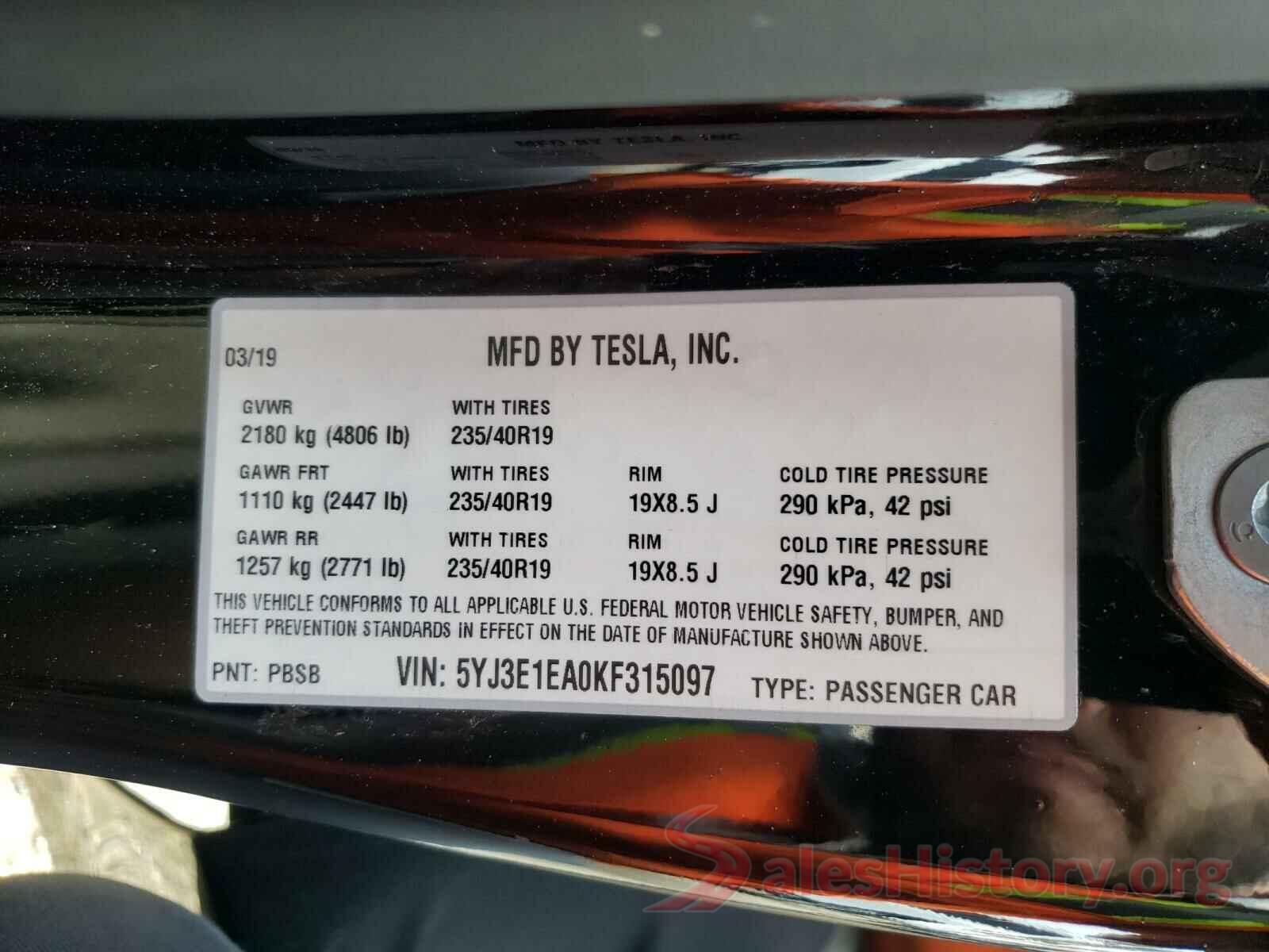 5YJ3E1EA0KF315097 2019 TESLA MODEL 3