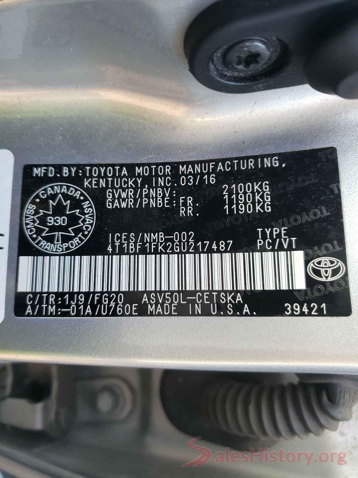 4T1BF1FK2GU217487 2016 TOYOTA CAMRY