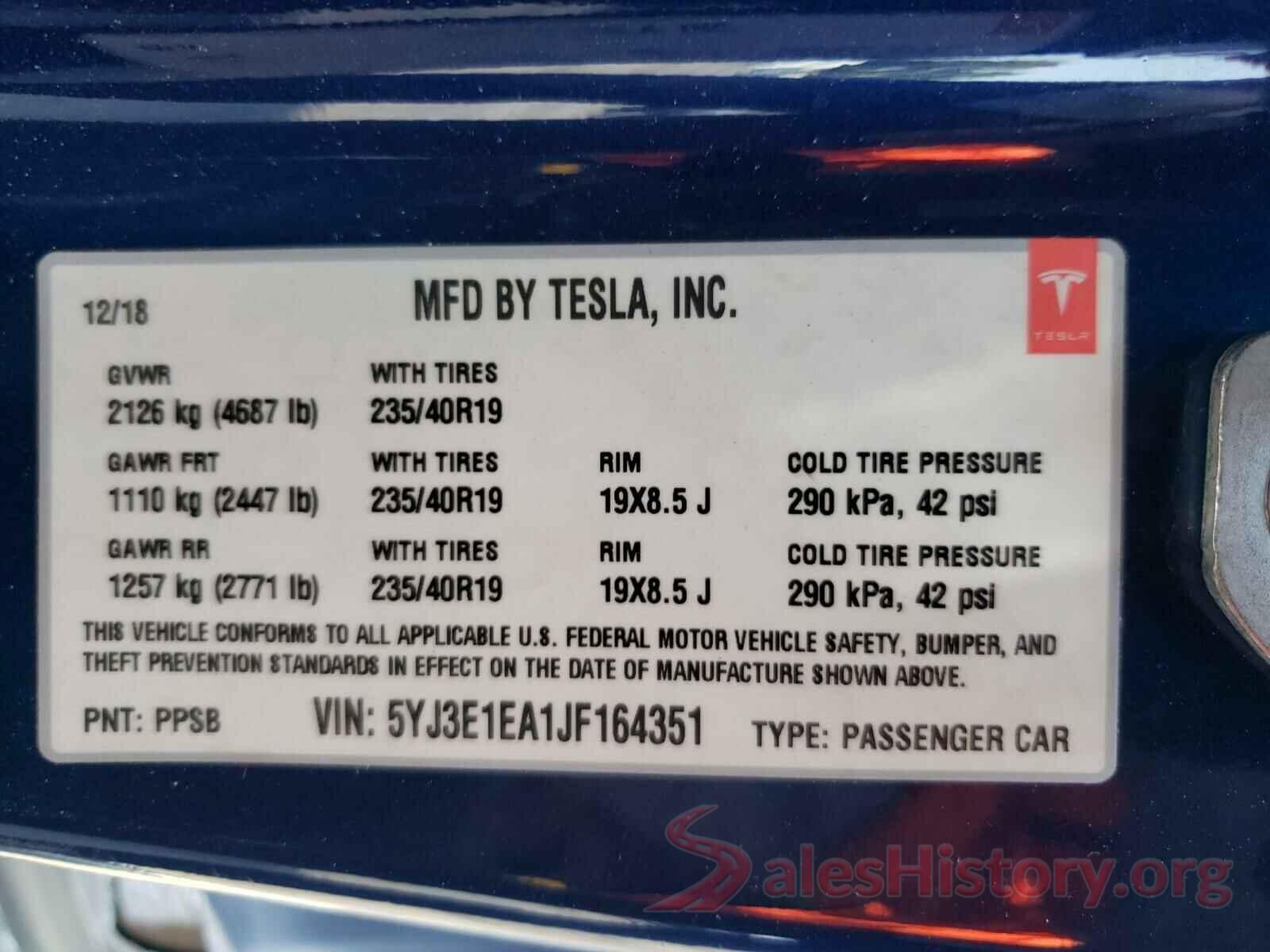 5YJ3E1EA1JF164351 2018 TESLA MODEL 3