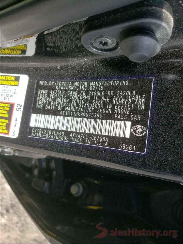 4T1B11HK8KU753851 2019 TOYOTA CAMRY