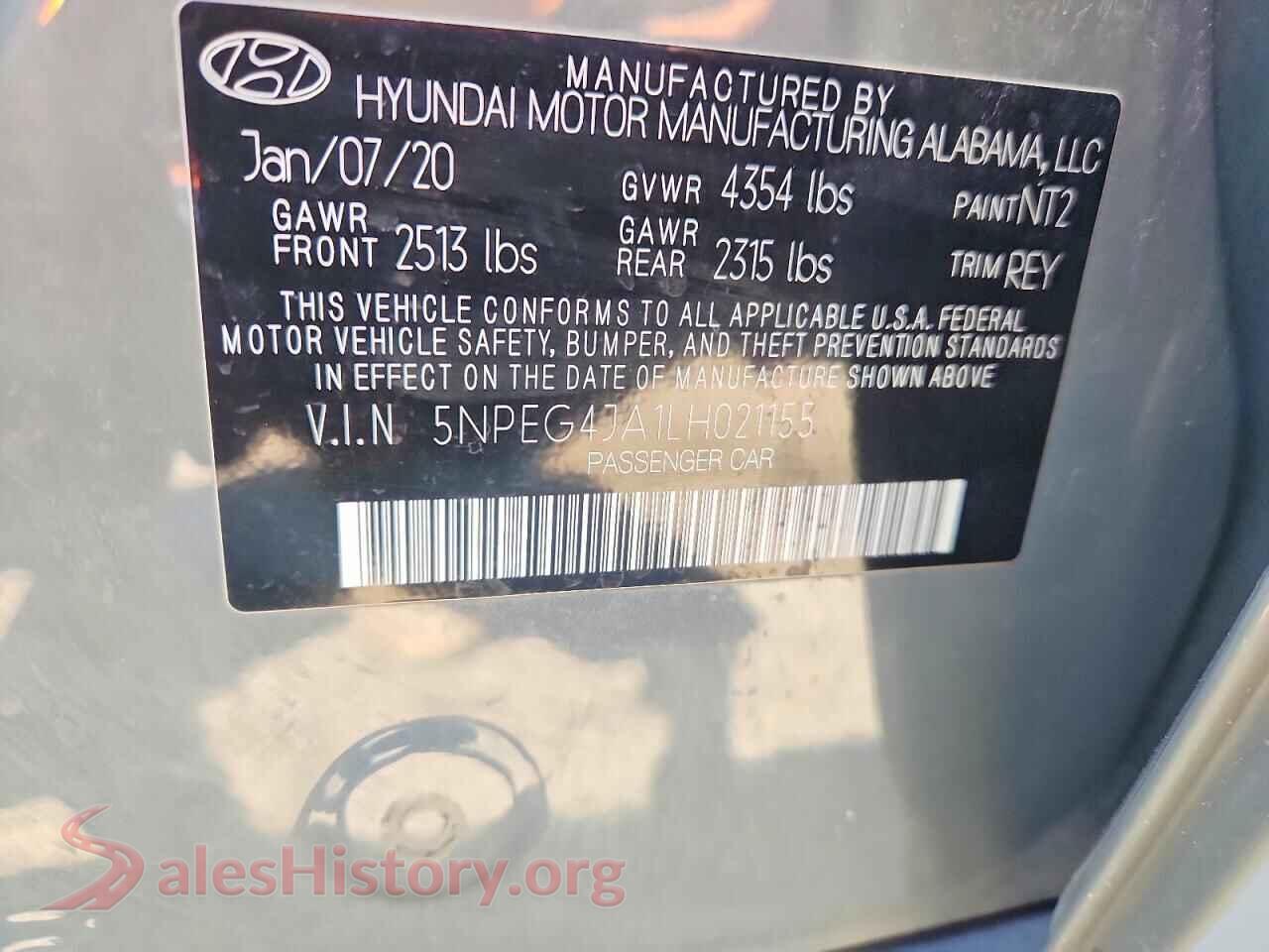 2020 HYUNDAI SONATA VIN 5NPEG4JA1LH021155, trunk area