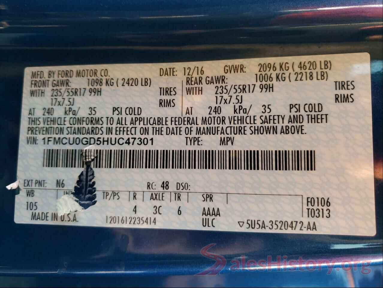 1FMCU0GD5HUC47301 2017 FORD ESCAPE