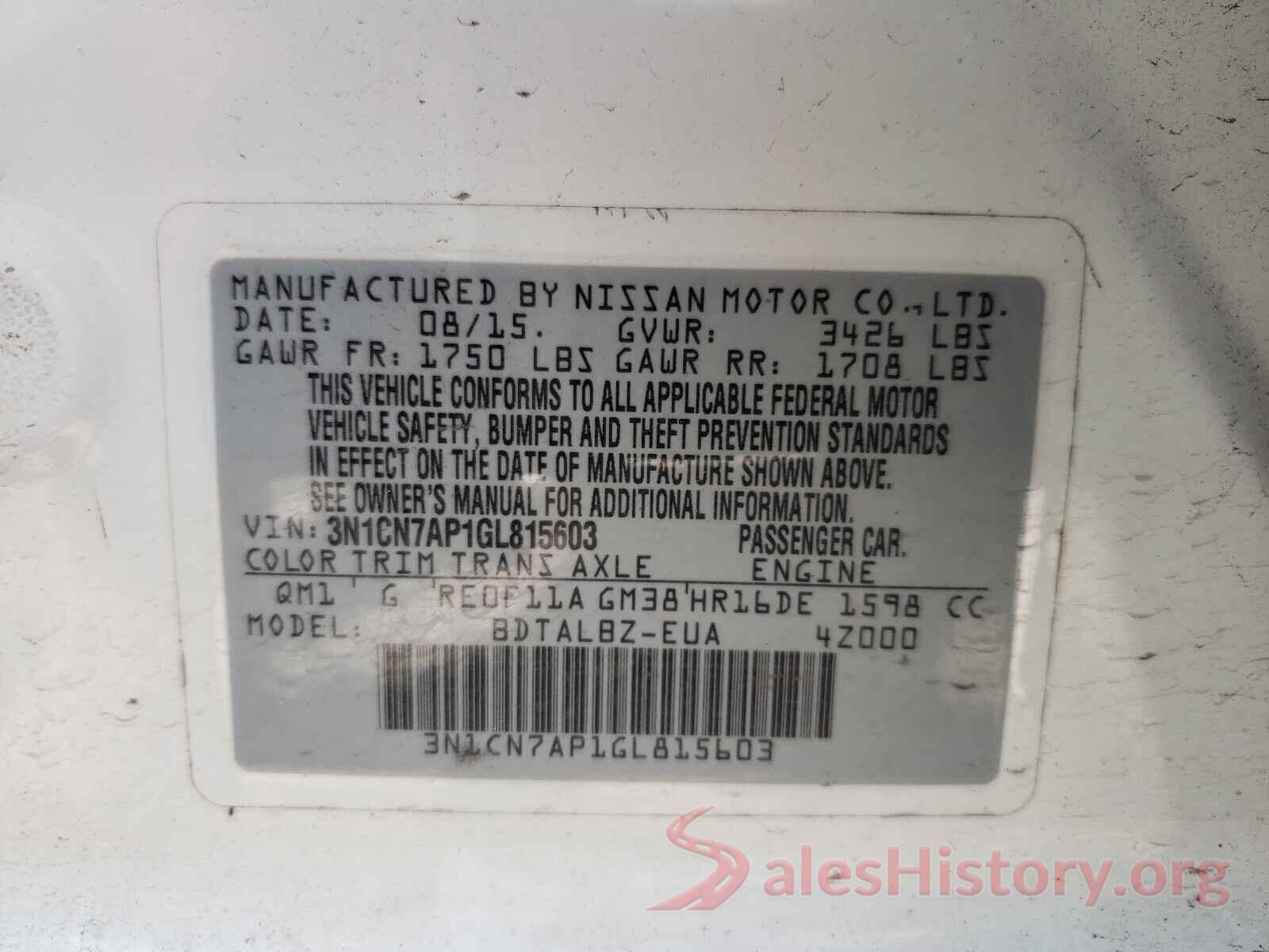 3N1CN7AP1GL815603 2016 NISSAN VERSA