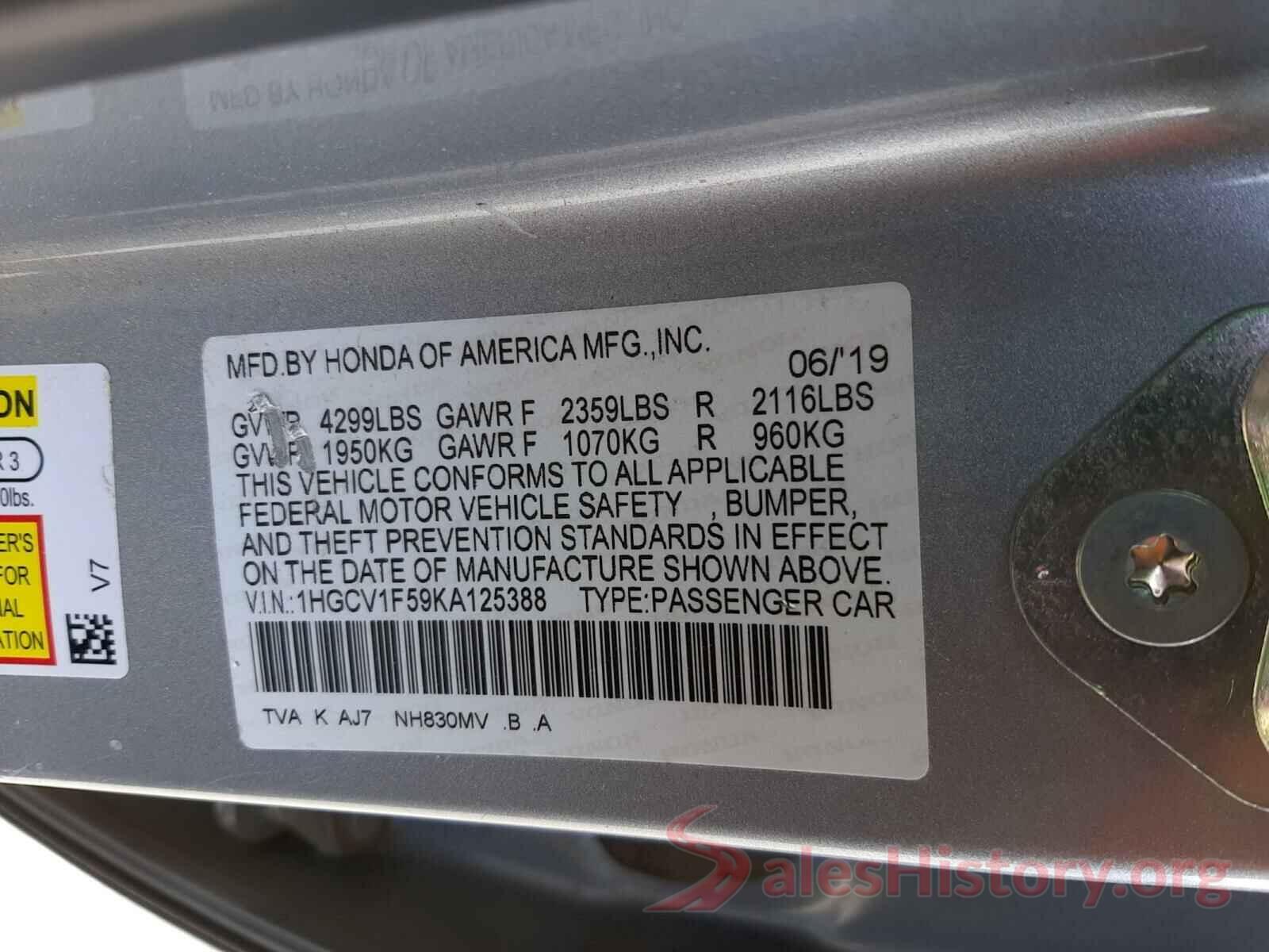 1HGCV1F59KA125388 2019 HONDA ACCORD