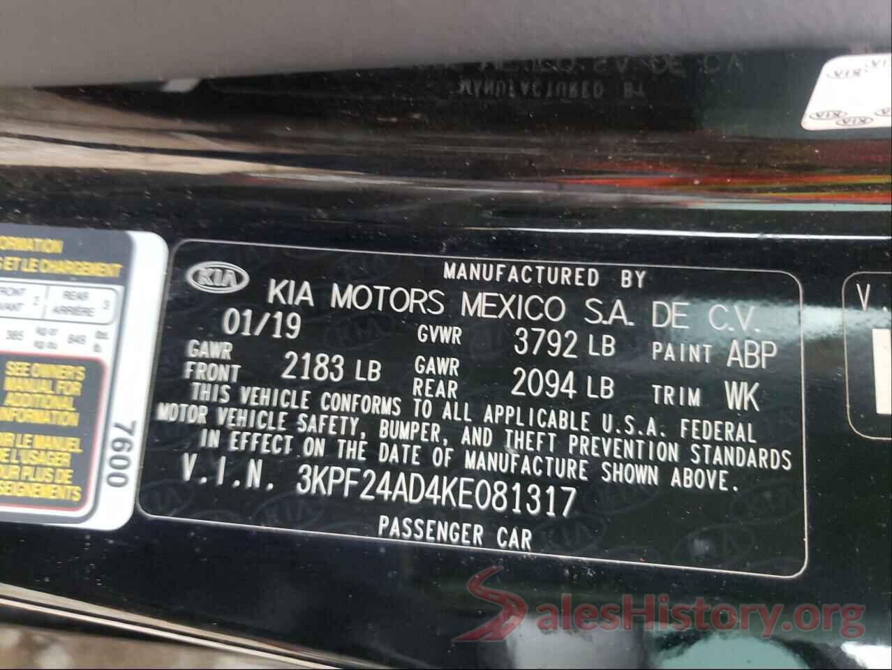 3KPF24AD4KE081317 2019 KIA FORTE