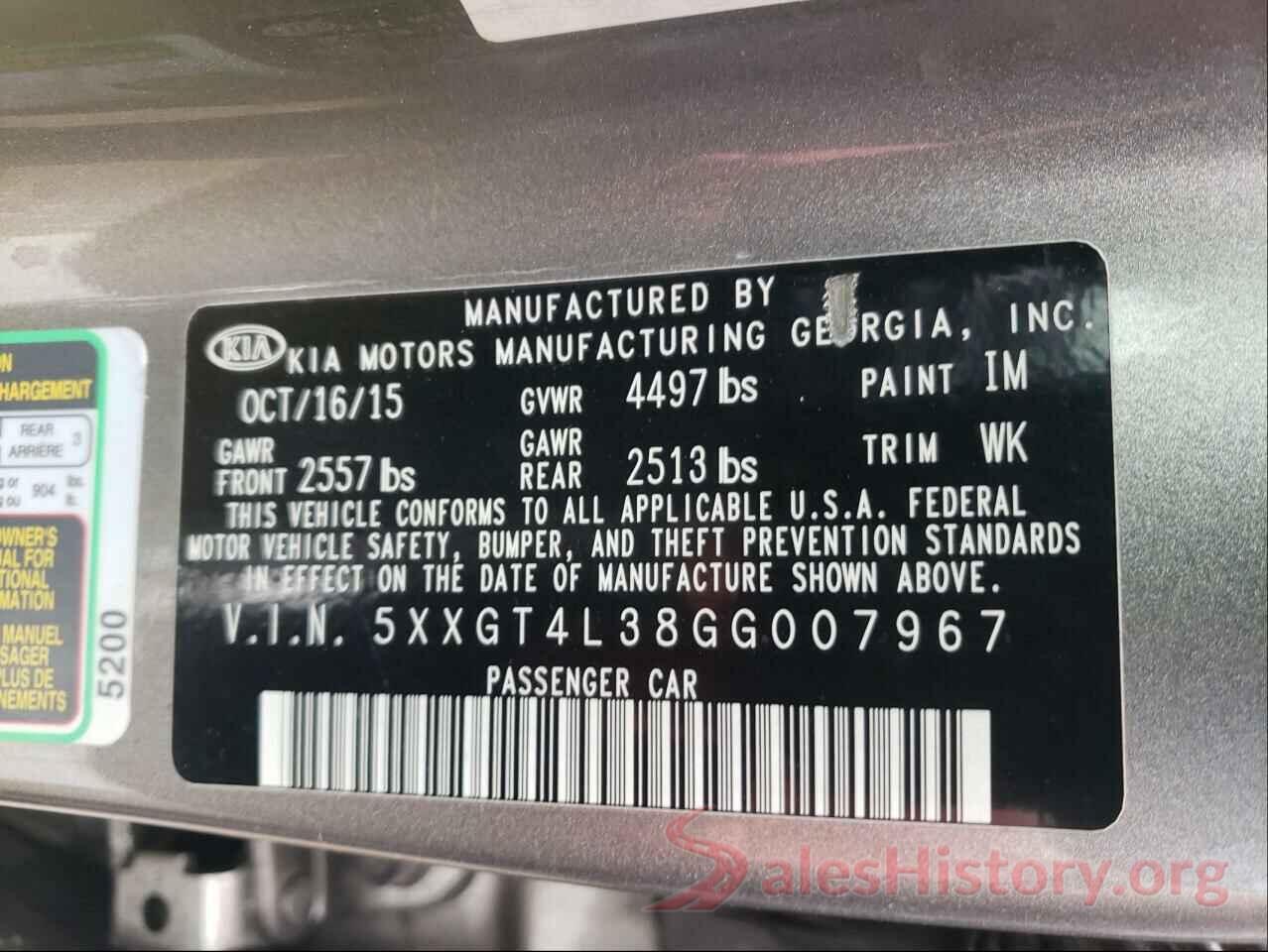 5XXGT4L38GG007967 2016 KIA OPTIMA