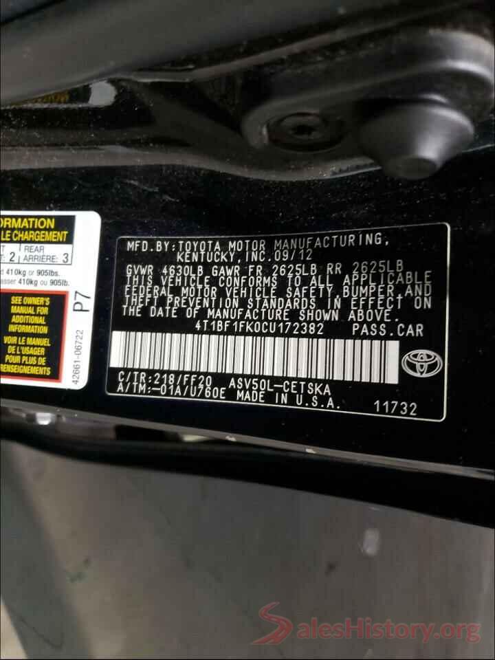 4T1BF1FK0CU172382 2012 TOYOTA CAMRY