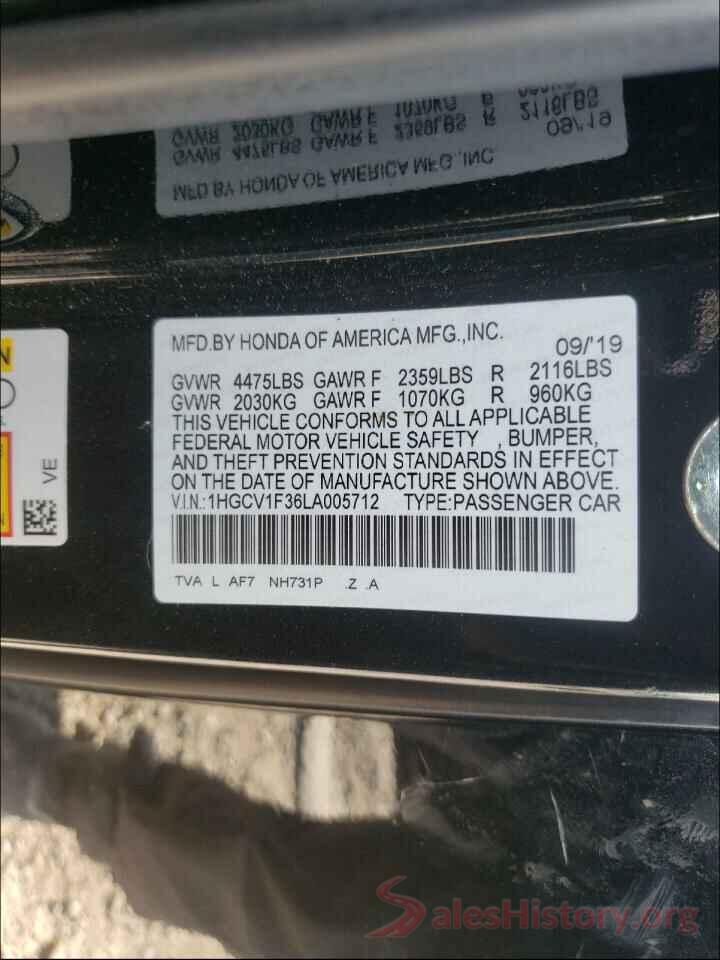 1HGCV1F36LA005712 2020 HONDA ACCORD