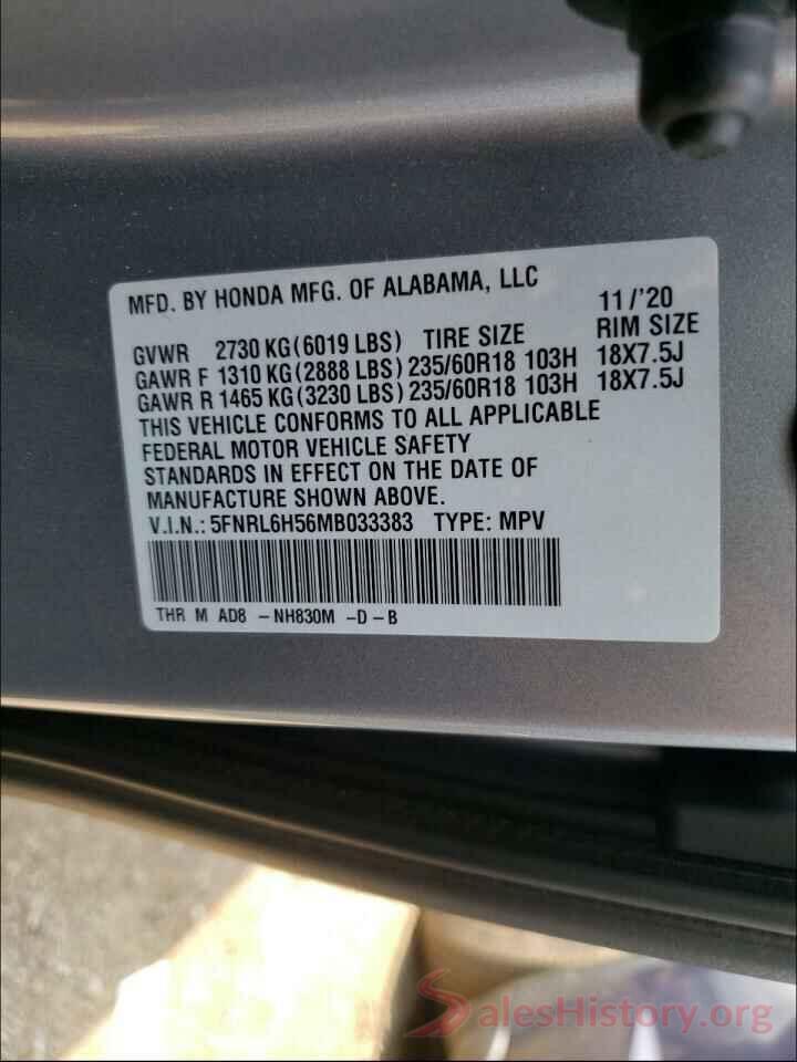 5FNRL6H56MB033383 2021 HONDA ODYSSEY