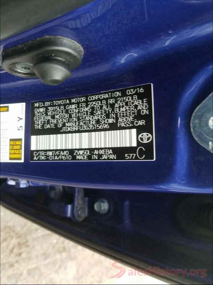 JTDKBRFU3G3515696 2016 TOYOTA PRIUS