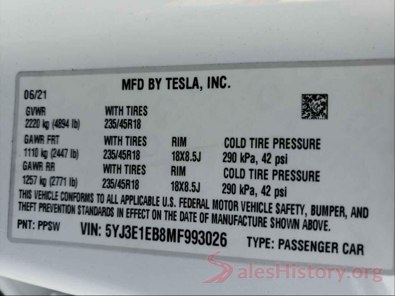 5YJ3E1EB8MF993026 2021 TESLA MODEL 3