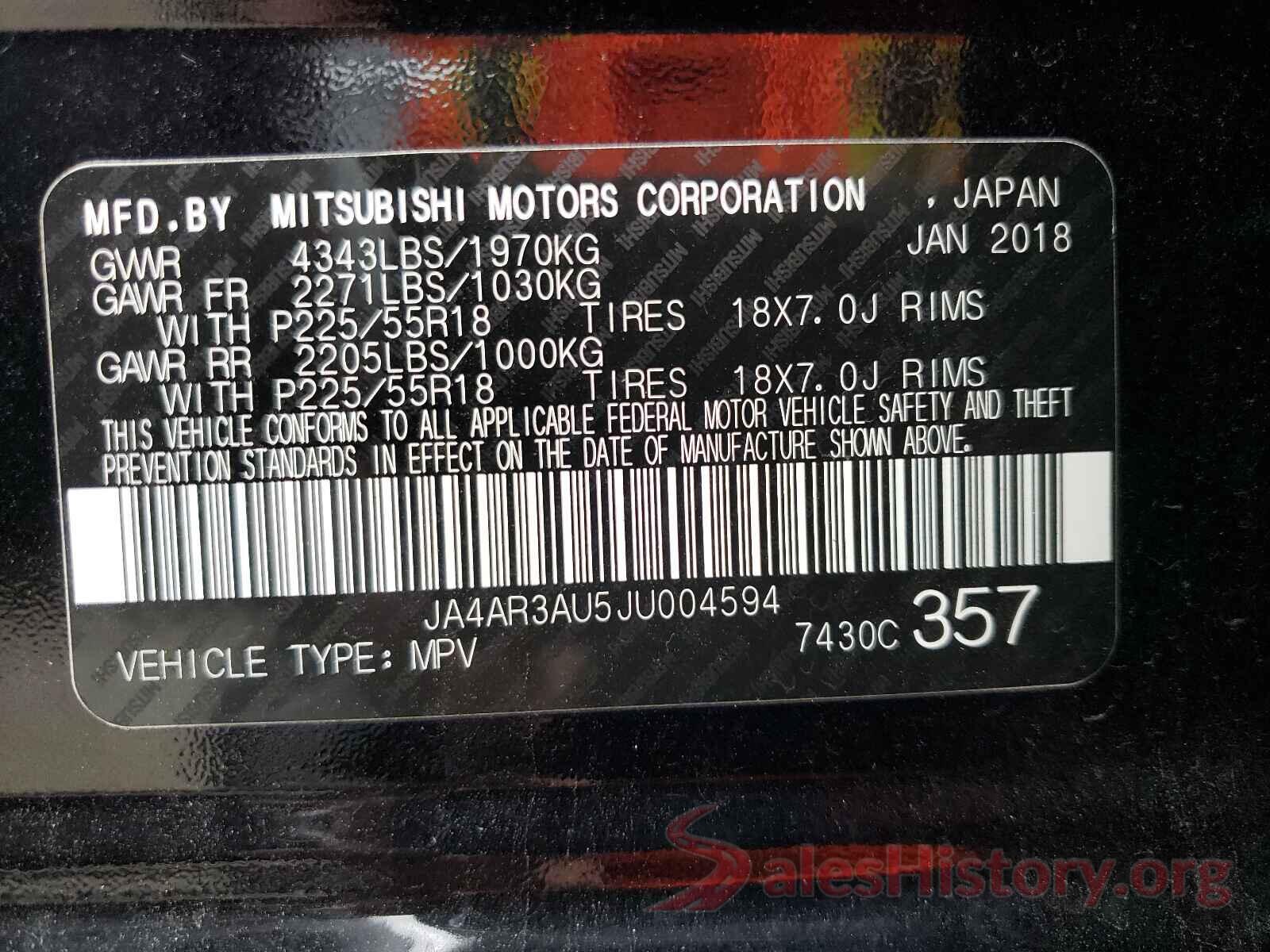 JA4AR3AU5JU004594 2018 MITSUBISHI OUTLANDER