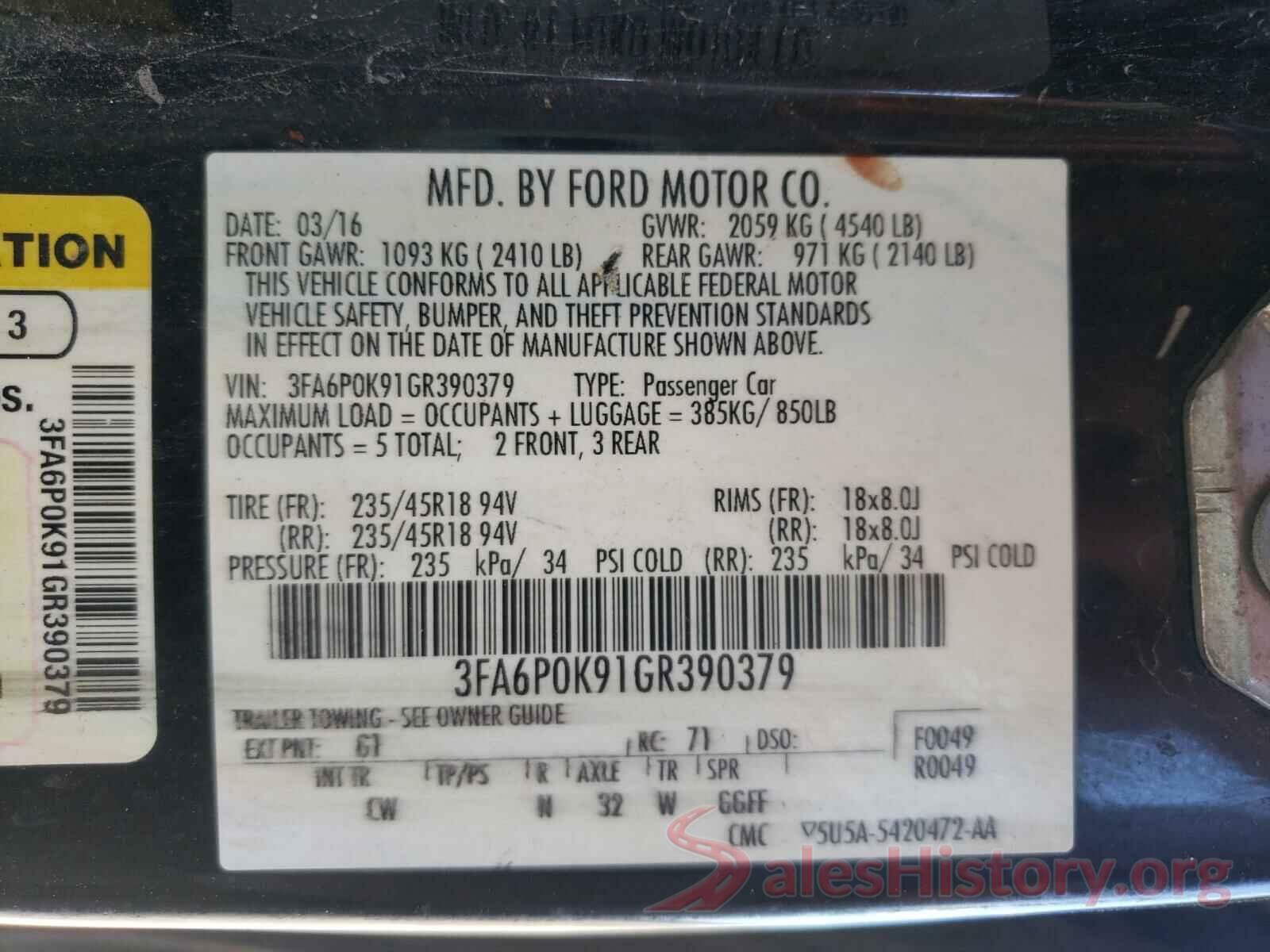 3FA6P0K91GR390379 2016 FORD FUSION