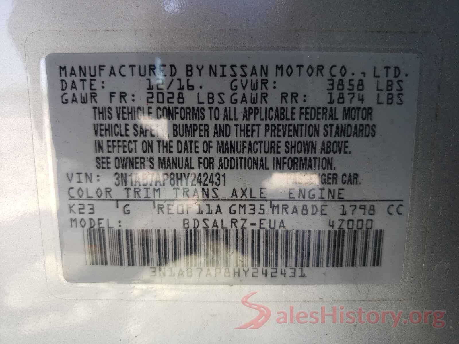 3N1AB7AP8HY242431 2017 NISSAN SENTRA