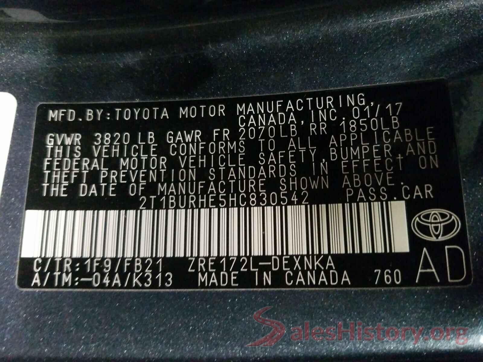 2T1BURHE5HC830542 2017 TOYOTA COROLLA