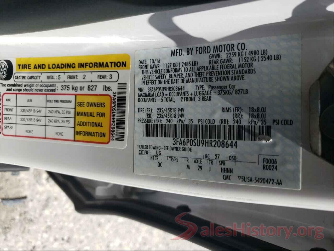 3FA6P0SU9HR208644 2017 FORD FUSION