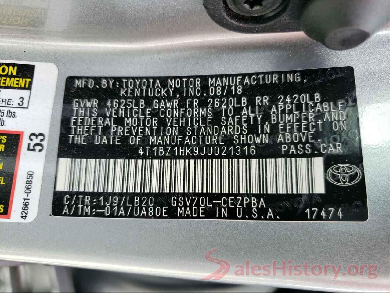 4T1BZ1HK9JU021316 2018 TOYOTA CAMRY