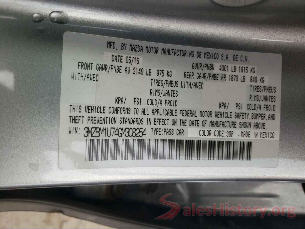 3MZBM1U74GM308254 2016 MAZDA 3