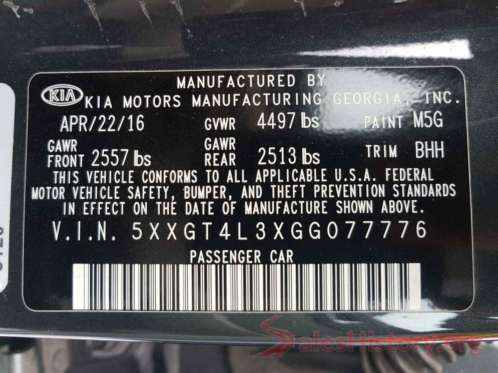 5XXGT4L3XGG077776 2016 KIA OPTIMA