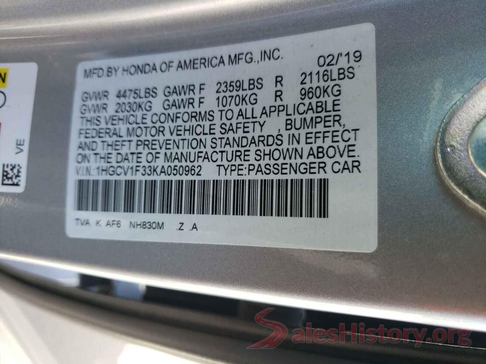 1HGCV1F33KA050962 2019 HONDA ACCORD