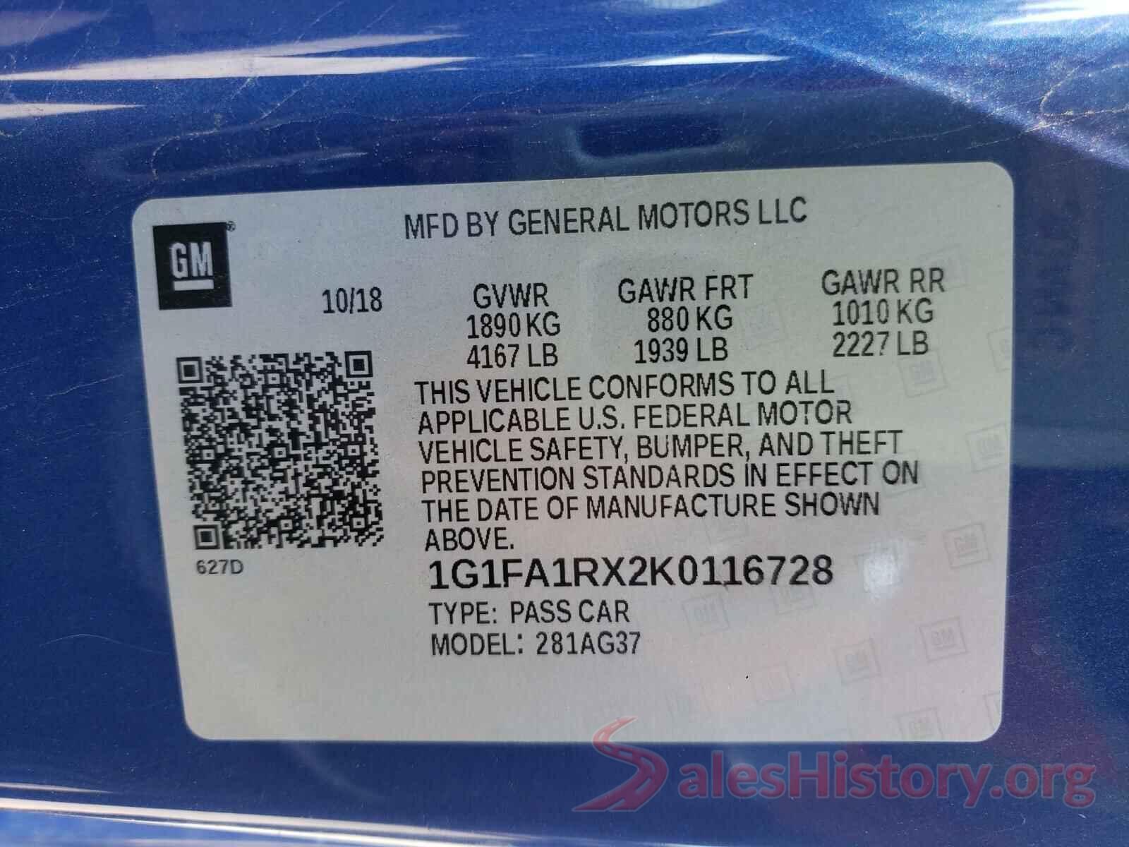 1G1FA1RX2K0116728 2019 CHEVROLET CAMARO