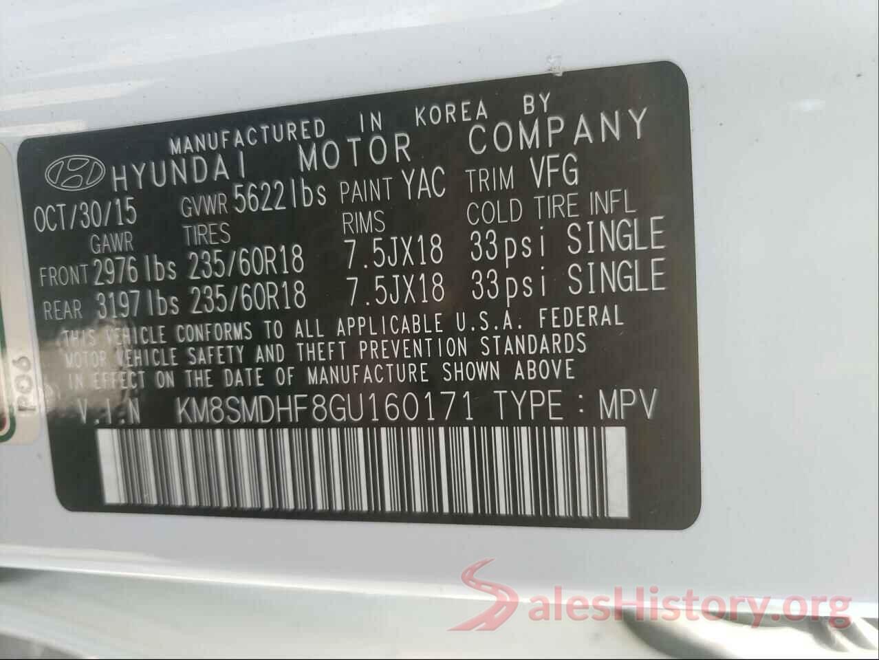 KM8SMDHF8GU160171 2016 HYUNDAI SANTA FE