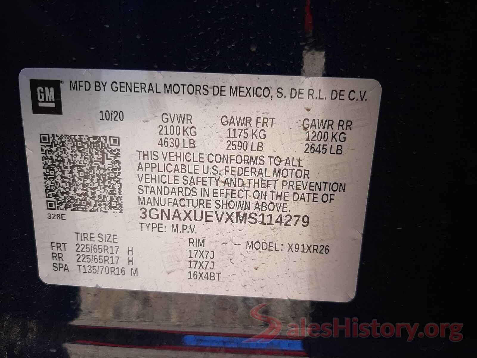 3GNAXUEVXMS114279 2021 CHEVROLET EQUINOX