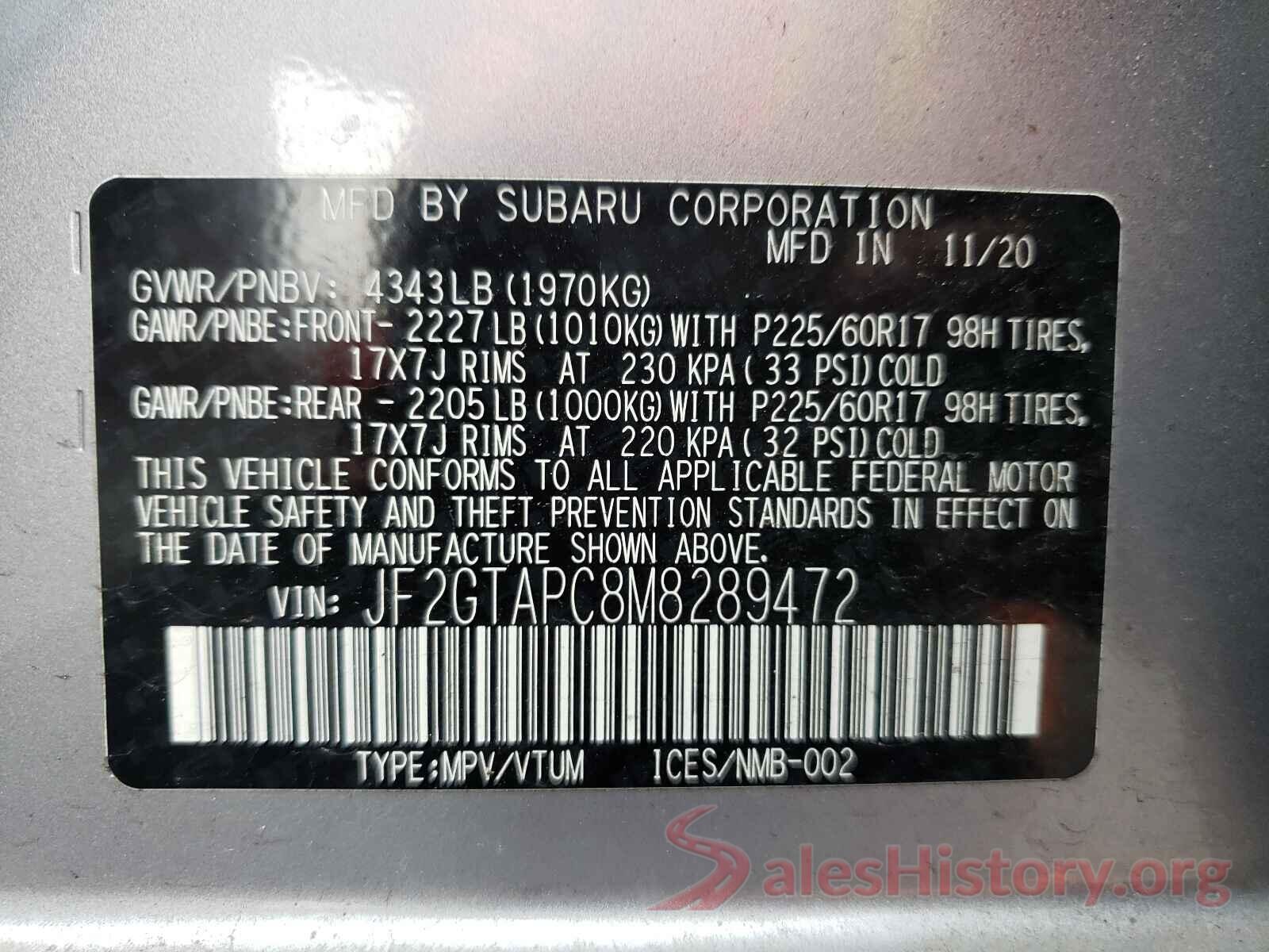 JF2GTAPC8M8289472 2021 SUBARU CROSSTREK