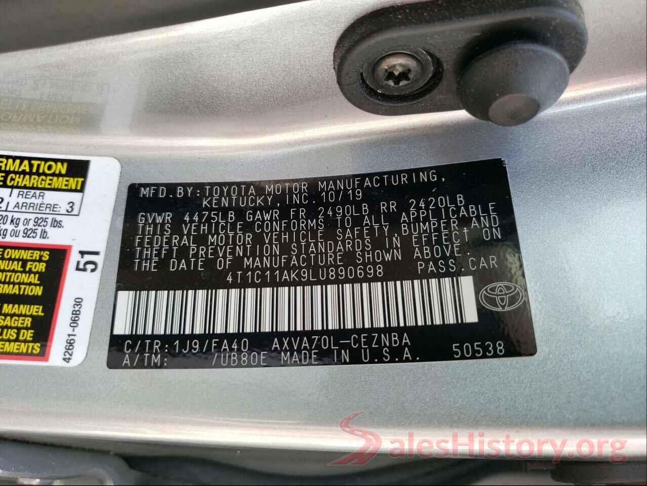 4T1C11AK9LU890698 2020 TOYOTA CAMRY