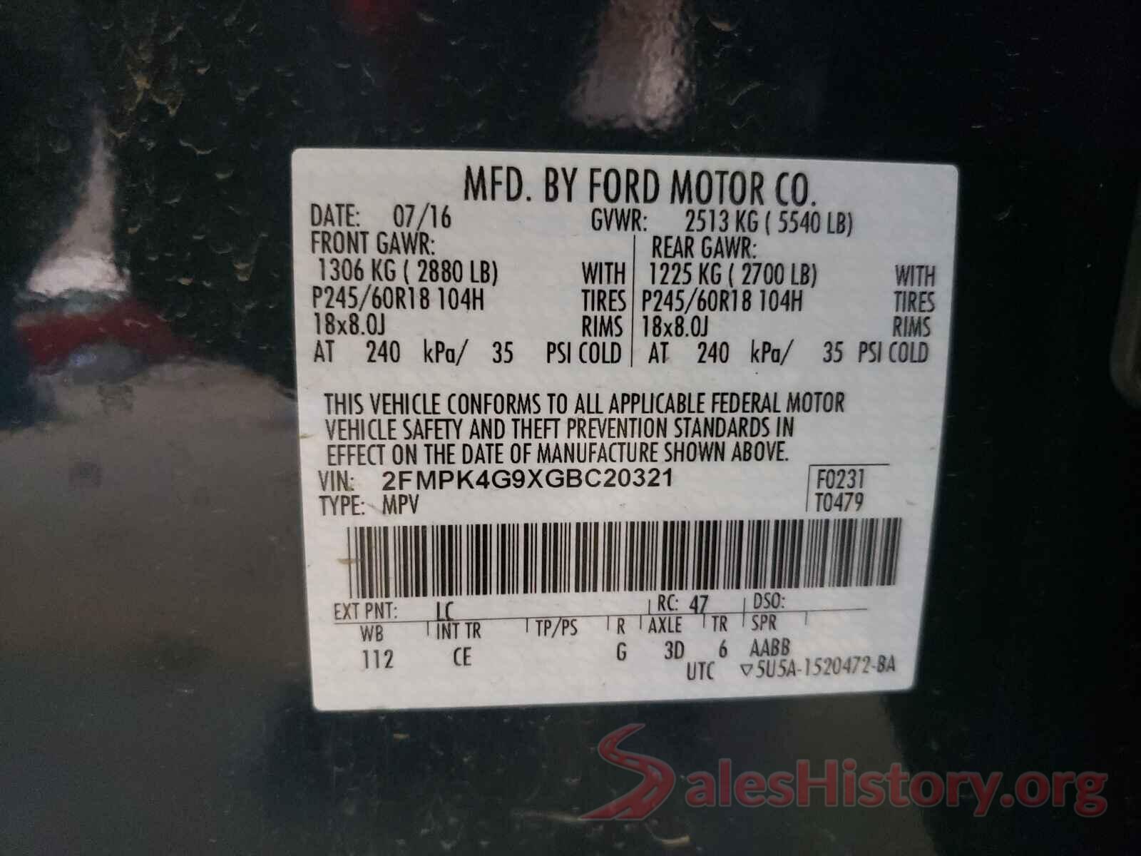 2FMPK4G9XGBC20321 2016 FORD EDGE