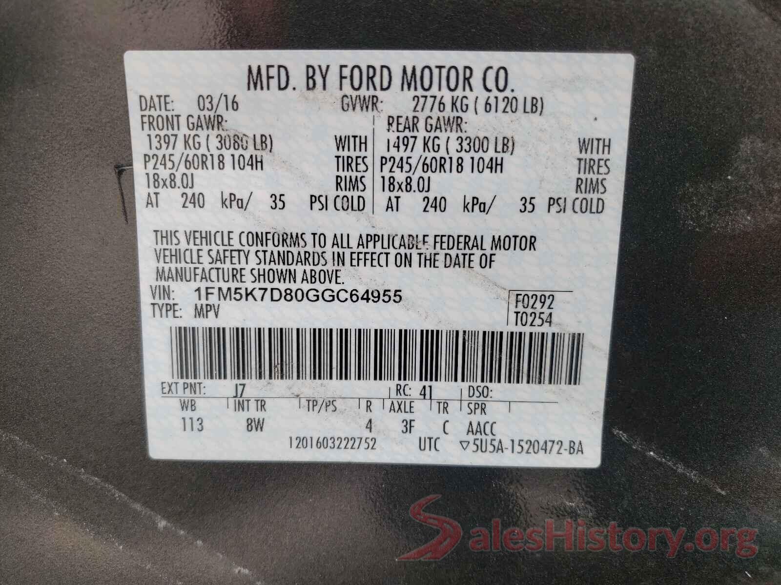 1FM5K7D80GGC64955 2016 FORD EXPLORER